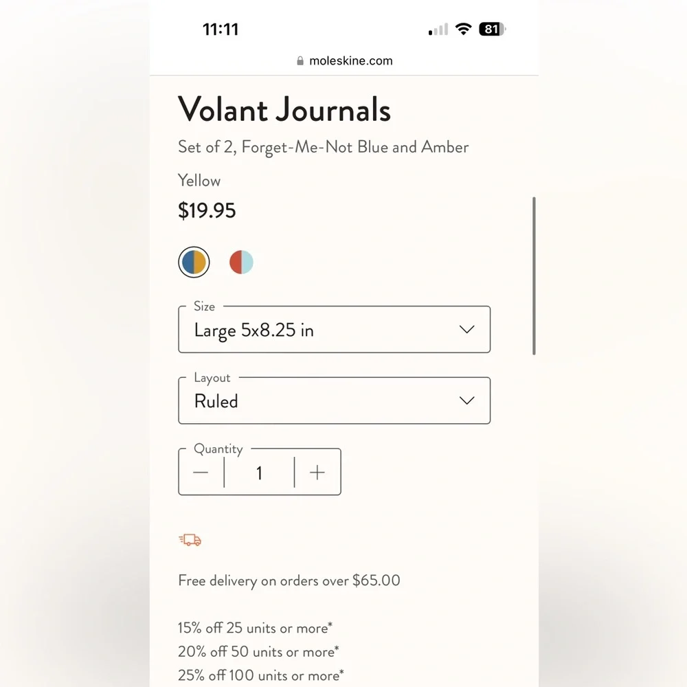 Moleskine set of 2 volant collection forget-me-not blue and amber ruled journal